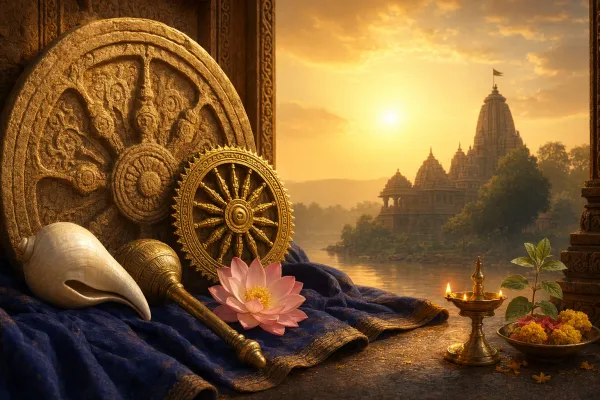 Respectful Vishnu beginner illustration with conch, chakra, lotus, temple elements, and calm devotional symbolism.