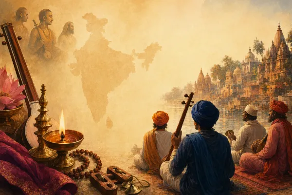 Bhakti Movement saints and founders illustration with devotional singers, temple setting, community gathering, musical instruments, and regional diversity.