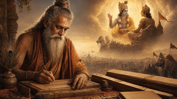 Vyasa writing the Bhagavad Gita with Krishna and Arjuna in the Mahabharata context