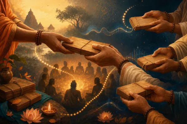 Hands passing palm-leaf manuscripts around a glowing oral-story circle, symbolizing Vyasa, sages, and oral tradition.