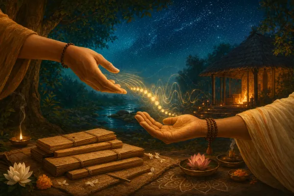 Hands passing glowing sound-wave beads above palm-leaf manuscripts in a forest-learning setting, symbolizing rishis, Shruti, and oral tradition.
