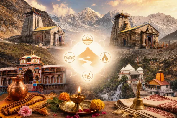 Char Dham importance illustration with four sacred temples, devotional lamps, pilgrims, rivers, mountains, and coastal symbols.
