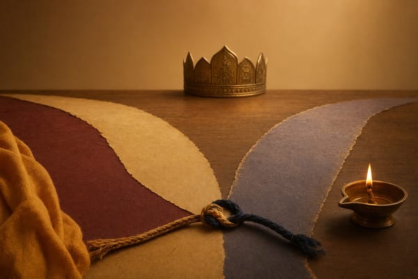 Symbolic balance scale with dice, crown, broken promise threads, palace arch, and a dharma lamp representing causes of the Kurukshetra war.
