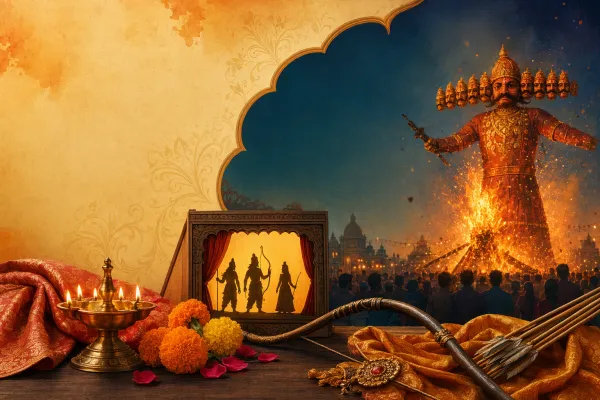 Ramlila and Dussehra scene with stage performance, Ravana effigy, lamps, audience, and devotional festival atmosphere.