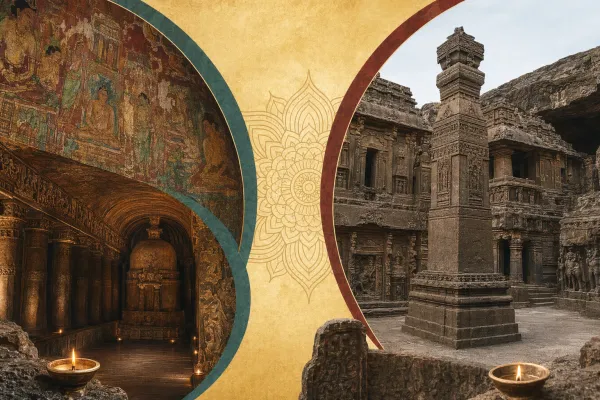 Split-view rock-cut heritage scene comparing Ajanta-style painted caves with Ellora-style carved stone architecture.