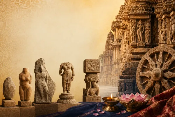 Ancient Indian sculpture history illustration with temple reliefs, early figures, cave-style carvings and study notes.