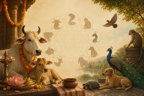 Editorial illustration of several culturally significant Indian animals in a respectful temple setting, including a cow, elephant, monkey, peacock, snake, and bird.