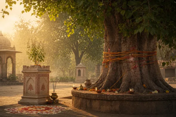 Sacred tree in a contemporary Indian courtyard with ritual thread, offerings, diyas, incense and tulsi, showing living tree traditions today.