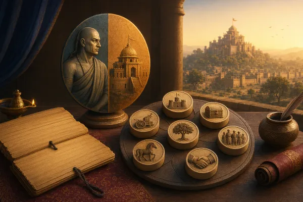 Editorial illustration for Arthashastra vs Chanakya Niti: What Is the Difference?: an ancient governance and statecraft editorial scene with council table, seven distinct state-eleme...