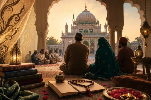 Symbolic Sufi study scene with books, lamps, prayer beads and Indian dargah-inspired arches for a guide to learning Sufism in India.