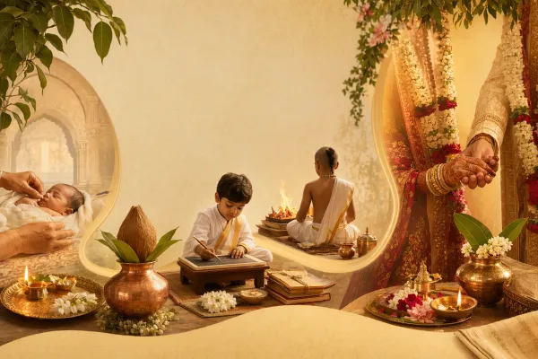 Birth, learning and wedding scenes shown as connected Hindu samskara life stages with respectful ritual details.