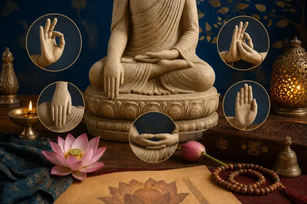 Respectful Buddhist art scene with symbolic Buddha hand gestures, lotus motifs, calm temple setting, and no text labels.