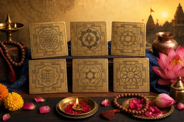 Several yantra diagrams arranged respectfully with diya, flowers, and sacred-study objects for a beginner guide to deity-associated yantras.