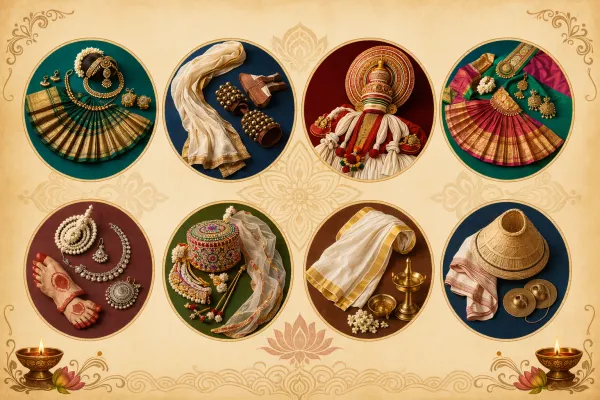 Symbolic Indian classical dance illustration with costume, jewellery, mudra, and performance objects representing India’s dance heritage.