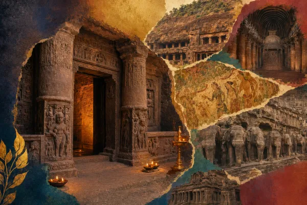 Rock-cut cave temple collage with carved entrances, mural colours and stone sculpture details for famous cave temples in India.