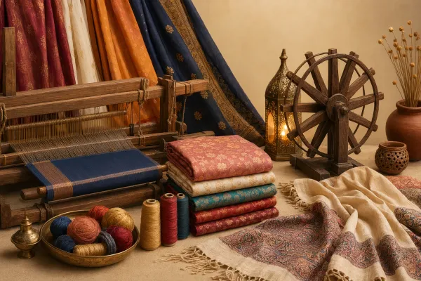 Loom, yarn, fabrics, and regional craft motifs for a beginner guide to famous textile cities of India.