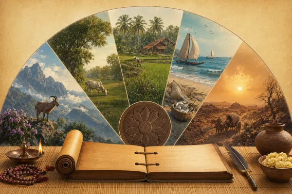 Five-part symbolic landscape scene showing mountain, forest, farmland, seashore, and dry land for Sangam tinai poetry.