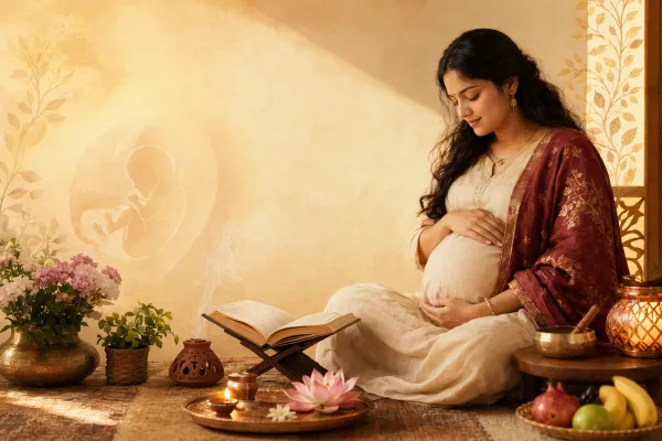 Pregnant woman in a calm devotional home setting with music, scripture and lamp, representing Garbha Samskara tradition.