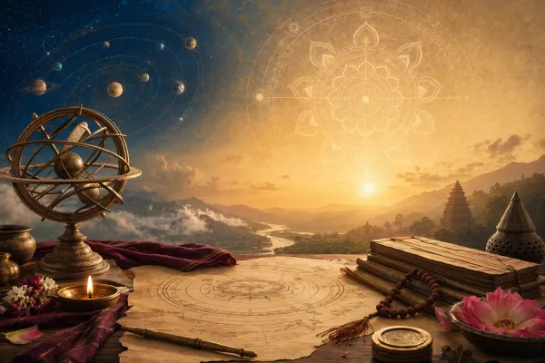 Symbolic Hindu cosmology illustration with sacred geometry, planets, scriptures and a diya representing creation and cosmic order.
