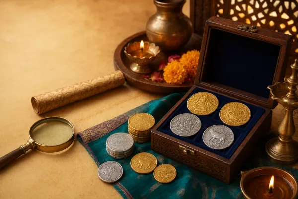 Editorial illustration of gold and silver Indian coins with magnifier, cloth, lamp and safe collecting notes.