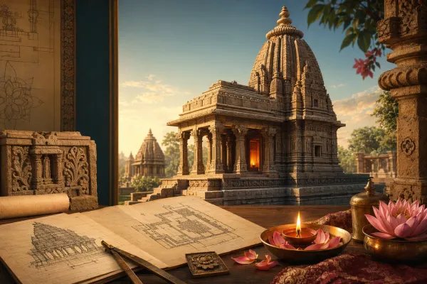 Illustration of an early Indian temple with carved stone details, plan drawings, lotus and lamp for Gupta art history context.