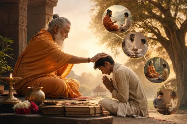 Symbolic guru-student scene showing blessing, instruction and different learning contexts for understanding guru kripa and types of gurus.