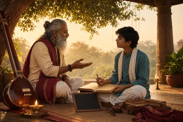 Teacher and student in a peaceful Indian learning space, showing trust, guidance, practice and respectful correction in the Guru-Shishya relationship.