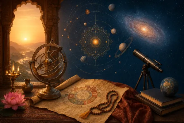 Symbolic illustration comparing Hindu cosmology and modern science, with sacred motifs, planets, telescope imagery and cosmic light.