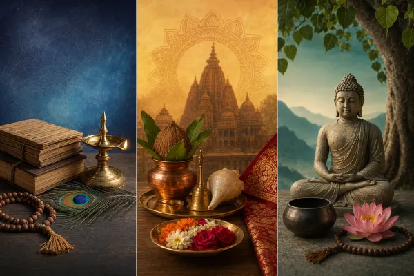 Editorial illustration for Hindu Philosophy vs Religion and Buddhism: Similarities and Differences: a clear comparison-style editorial composition with two or three separate symbolic...