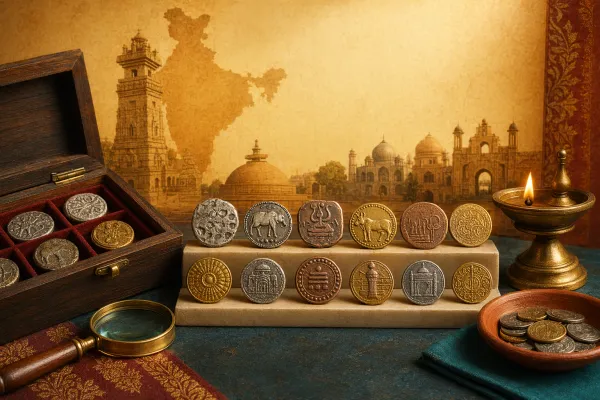Editorial illustration of Indian coins arranged like a timeline with ancient, medieval, colonial and modern references.