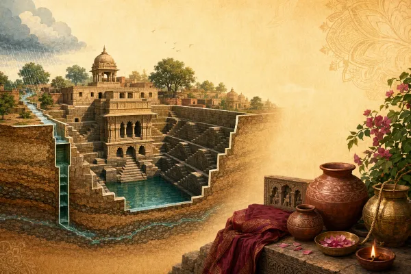 AI explanatory illustration of an Indian stepwell showing stairs, underground levels, stone walls and water below.