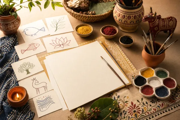 A student-friendly Indian folk art learning table with paper, brushes, natural colours, borders, animal motifs, and simple practice sketches.
