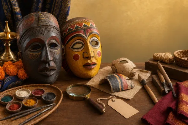 Editorial illustration of Indian masks with craft tools, pigments, a magnifier, and notes for respectful authenticity checks.