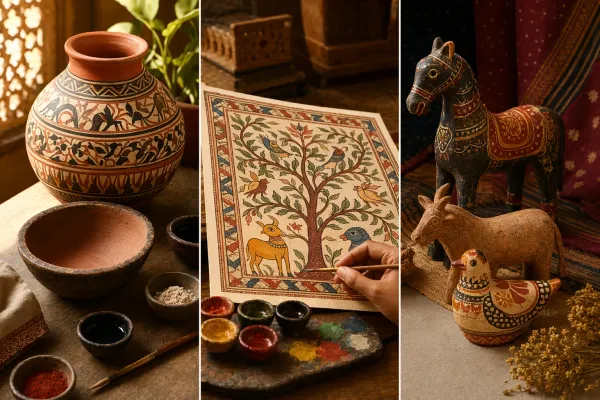 Indian folk-art studio scene with handmade objects, painted motifs, and craft materials for a genuine-vs-replica checklist.