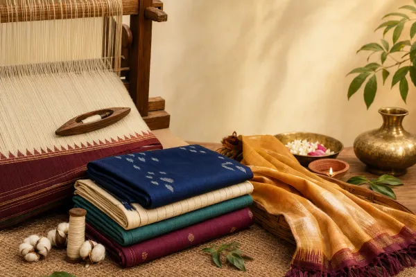 Illustration of handwoven fabric inspection with loom, shuttle, cotton yarn, folded cloth, and visible weave texture.