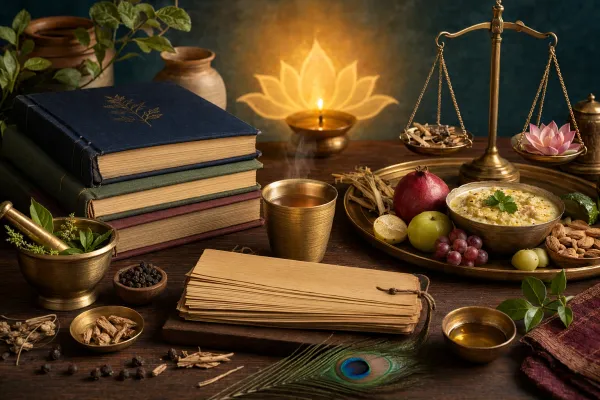 Ayurveda learning scene with books, manuscripts, herbs, lamp, mortar, and study objects arranged respectfully for a beginner education guide.