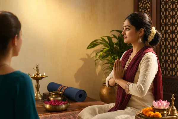 Respectful Namaste learning scene with joined hands, Sanskrit-study objects, speech-practice cues, and Indian cultural details without text labels.