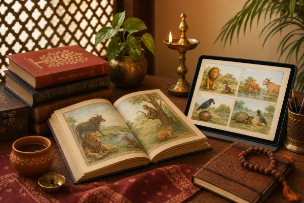 Editorial illustration for How to Read Panchatantra Legally: Books, Online Sources and Tips: a concrete article-specific Indian cultural editorial scene for How to Read Panchatantra...