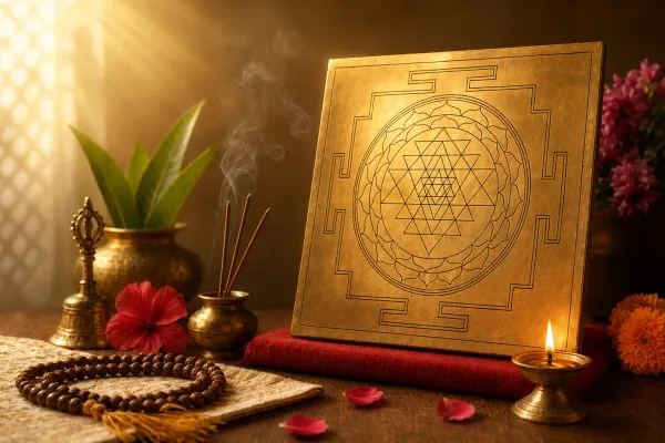 A yantra arranged with incense, diya, flowers, and a quiet devotional setting to show focus and tradition.