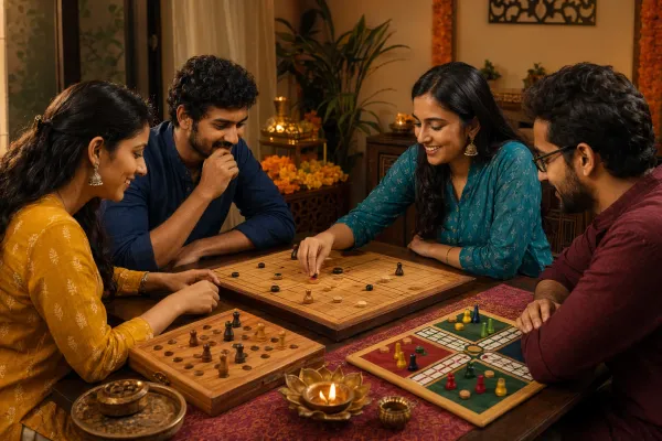 Adults gathered around Indian board games in a warm home setting with carrom-style play, strategy boards, game pieces, tea, lamps, and traditional decor.