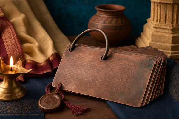Copper plate inscription records with ring binding, seal, lamp and Indian heritage objects for a guide to land grants and royal records.