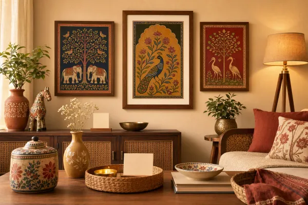A warm home interior with framed Indian folk-art-inspired prints, handmade craft objects, clean placement, and a respectful decor arrangement.