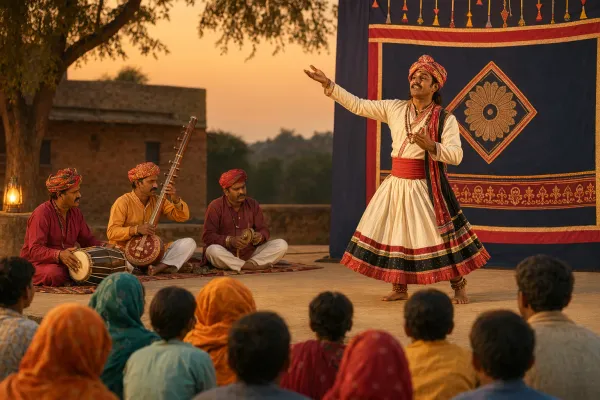 Indian folk theatre performance with a traditional actor, musicians, audience, colourful costume and open-air stage setting.