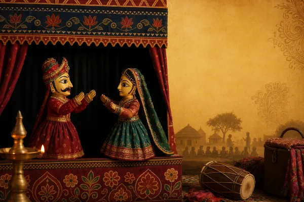 Indian glove puppets shown on a performer’s hands with expressive costumes and painted faces