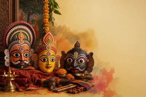Indian ceremonial masks arranged with lamps, flowers, painted deity faces, and a respectful festival setting.
