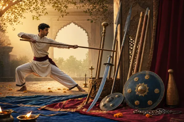 Traditional Indian martial arts weapons arranged in a training space with staffs, swords, spear forms, shield, and respectful heritage lighting.