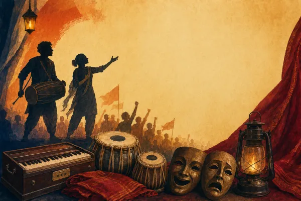 Illustration of Indian people’s theatre with performers, musicians, audience members, flags and a street-stage atmosphere.