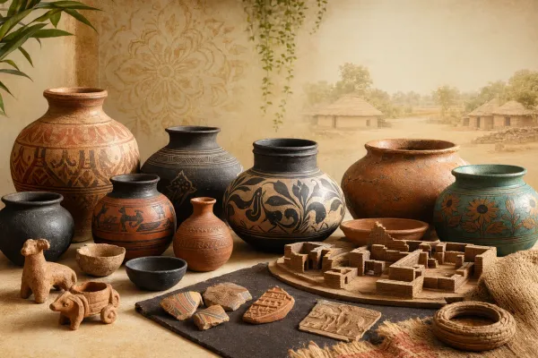 Student-friendly Indian pottery display with terracotta figures, clay vessels, painted pots, museum labels, and a pottery-making scene.