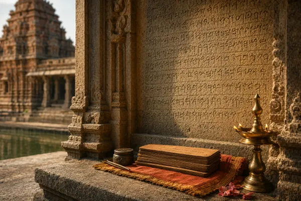 Indian temple inscription illustration with carved stone wall writing, lamps, donors and temple architecture details.