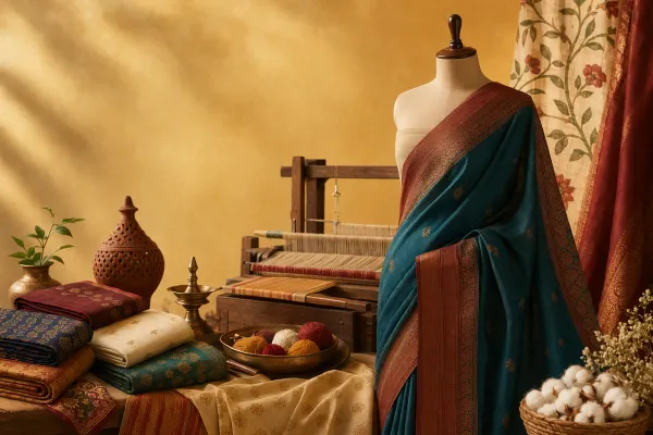Illustration of Indian textiles in modern fashion with a draped mannequin, colourful fabric, loom, and contemporary styling.